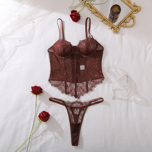 Chuangerm En stock Nouveauté 2026 Ensemble de lingerie vintage en dentelle <span class=keywords><strong>chocolat</strong></span>ée, comprenant un corset et un body sculptant en dentelle cils et résille transparente, pour soirée romantique - Product Image 5