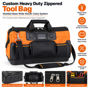 Sac à outils robuste personnalisé avec fermeture éclair, base moulée, système de transport à large ouverture, organisateur d'équipement professionnel pour la construction et l'entretien - Product Image 1