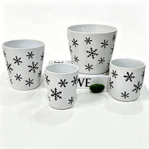 Vente chaude 2026 : Pots de <span class=keywords><strong>fleurs</strong></span> coniques en céramique blancs à motif flocon de neige noir, directement de l'usine, pour la décoration de Noël et l'aménagement intérieur - Product Image 1