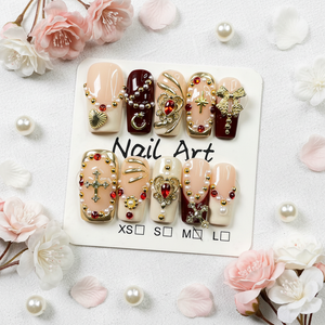 เล็บปลอมแบบกดติด รุ่น Luxe Sweet Cool Royal Style ดีไซน์ฝรั่งเศสประดับมุก <span class=keywords><strong>ค</strong></span>ริสตัลรูปหัวใจ 3 มิติ - Product Image 6