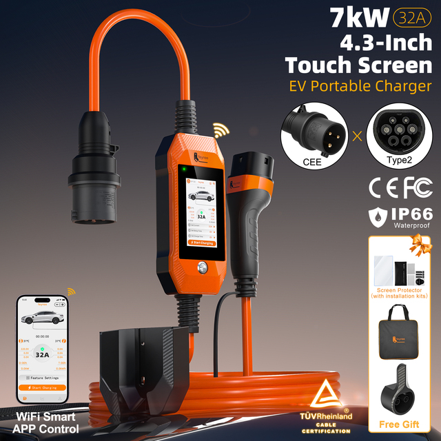 feyree 7kW Type 2 Portable EV Charger 1 Phase 4.3 Inch Smart Touch Screen with CEE Plug Car Charger AC EV Fast Charging Station