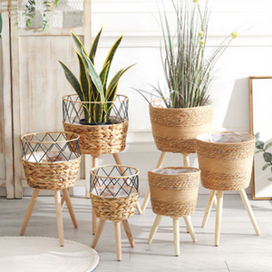Support à fleurs haut en bois massif de style nordique, panier à fleurs en paille tressée, pot à Pothos en rotin pour la décoration du salon et du <span class=keywords><strong>balcon</strong></span> - Product Image 1