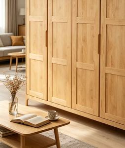 Armoire 4 portes en chêne clair de qualité supérieure avec panneaux horizontaux, organisateur de vêtements moderne et minimaliste pour chambre à coucher - Product Image 5
