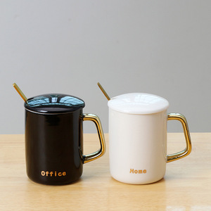 <b>Ceramic</b> Mug With Gold Handle And Lid Coffee <b>Cup</b> Set For Office Or Home Use - Product Image 2