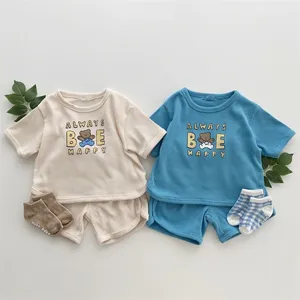 summer online store popular newborn baby girl clothes sets toddler baby girl waffle Cartoon letters printed 100% cotton 2pcs set