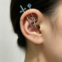Boucles d'oreilles tendance en forme d'épée bleue pour femme, avec pendentif étoile et boule ronde, bijoux fantaisie