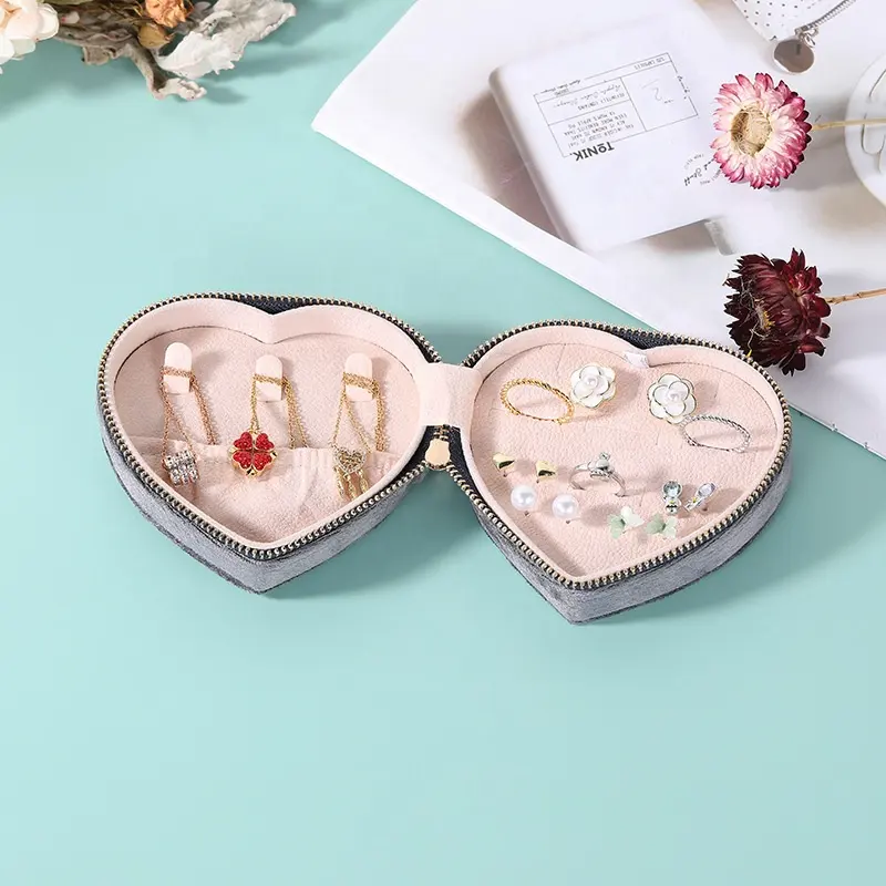 Custom Logo Gift Travel Storage Organizer Case Velvet Joyero Small Portable Heart Shape Jewelry Box