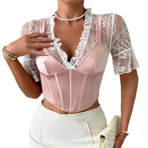 Chuangerm New Lace Stitching Short T-Shirt Spice Girl Fishbone Waist corset de mujer corset tops female trendy wholesale