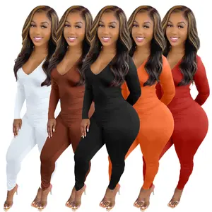 2024 Solid Color Long Sleeve V neck Lady One Piece Jumpsuit Backless Bodycon Rompers Women Jumpsuit