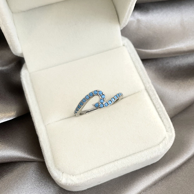 Adjustable Elegance Natural Beauty Foxi Charming Waves Blue Turquoise Stone Female 925 Sterling Silver Resizable Finger Rings