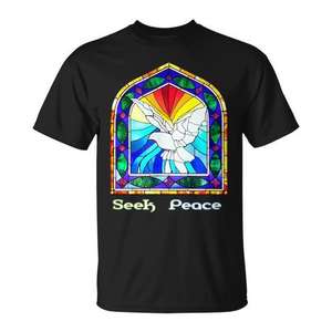 Cherchez la paix Religieux Christian Dove Art T-Shirt Vitrail Design - Product Image 1