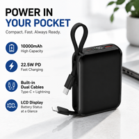 Banco de Energía Portátil de 10000mAh con Cable Dual Integrado Tipo C, Carga Rápida PD de 22.5W, Pantalla LCD, Paquete de Batería