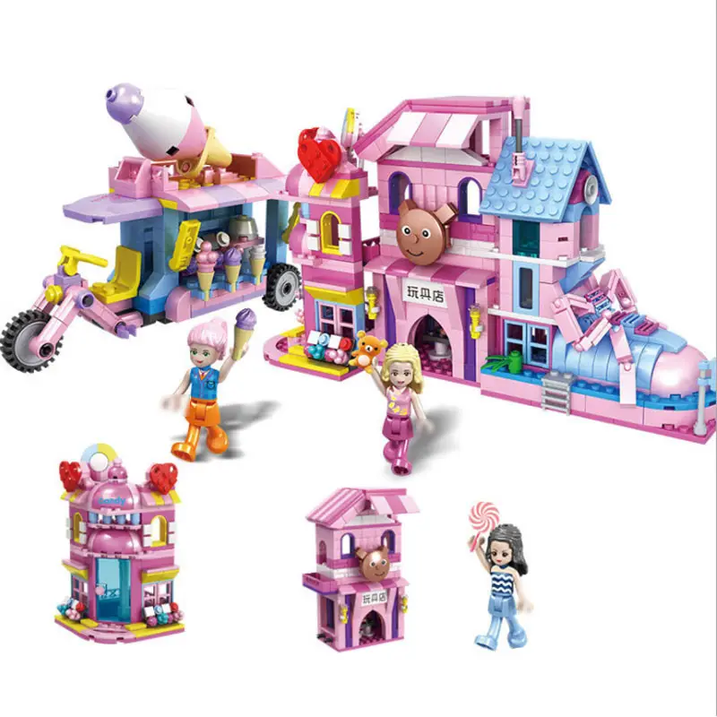 City Mini Bricks Street View Friends ของเล่น Playmobil Candy Store,ร้านรองเท้าบล็อกสร้างไอศครีมสามล้อสำหรับเด็กผู้หญิง