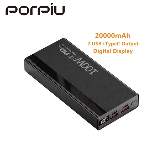 PORPIU Custom Logo 20000mah Power Bank with LED Display USBC Super Fast Charging 20W QC PD Slim LED Display