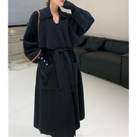 Dernier printemps automne hiver nouveauté mode dame col châle coupe ample poitrine ouverte longue ceinture manteau pull