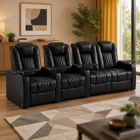 Canapé de cinéma inclinable moderne avec structure en bois, en cuir véritable, 4 places, pour home cinéma