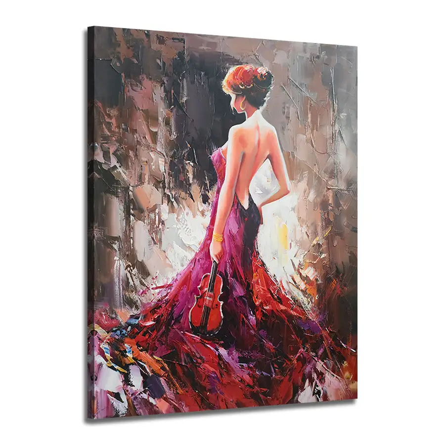 Vestido de dançarino flamenco para violino espanhol, pintura a óleo moderna em tela vermelha, artístico original, personalizável, OEM/ODM