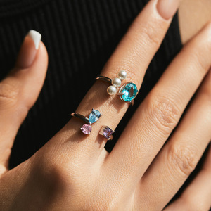 S925 Silver Oval Cut Blue <b>Crystal</b> <b>Ring</b> With Freshwater Pearls Prong Setting Romantic Women's Everyday Wear - Product Image 5