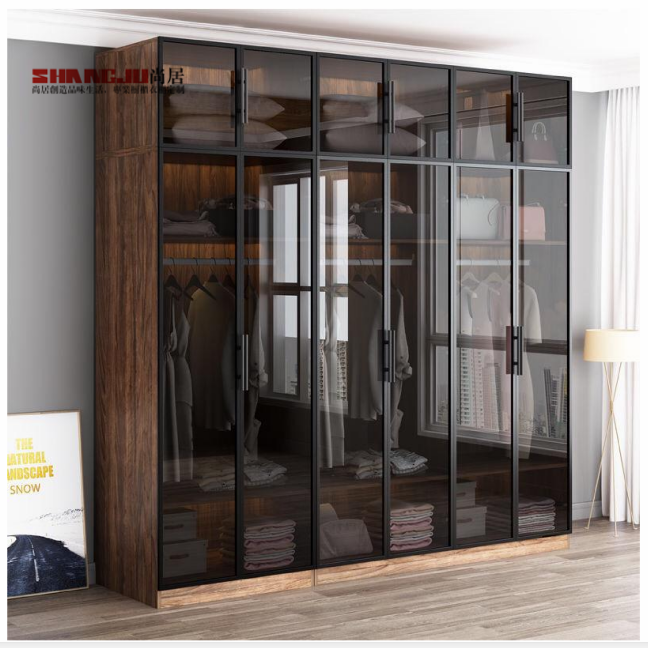 Customized luxury glass door wooden Wardrobe Bedroom Furniture storage Home Furniture walk in closet