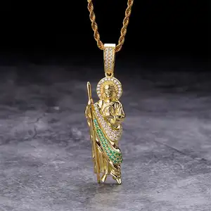 Joyería Último diseño 14K Dos tonos Oro 3D Puffy Saint Jude San Judas Colgante con piedra verde Cz