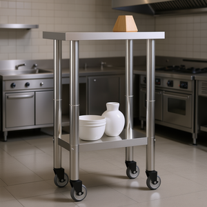 Table de travail pour cuisine commerciale 21,7x11,8x33,5 en acier inoxydable avec roulettes, finition polie, autoportante - Product Image 2
