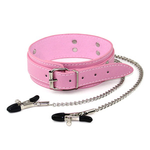 <span class=keywords><strong>Collier</strong></span> en cuir rose avec pince à tétons et chaîne à ressort pour usage BDSM adulte - Product Image 1