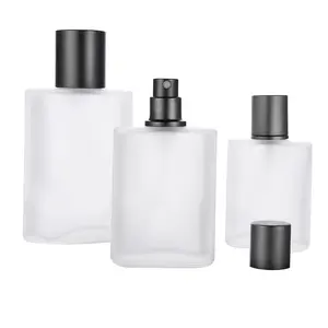 Em estoque frascos de spray de perfume quadrados foscos 30ml50ml100ml, frasco de vidro com tampa de metal e plástico, logotipo personalizável