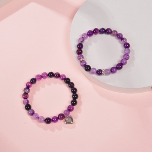 2 Pcs/Set 8mm Natural Rose Quartz Aventurine Round Stone Beaded Lucky Bracelet Set With Silver Puffy Heart Charm - Product Image 6