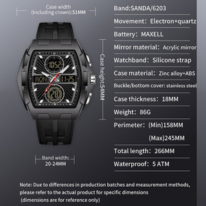 Montre numérique pour homme SANDA 6203, forme tonneau, sport de plein air, multifonction, compte à rebours, lumineuse, étanche, montre-bracelet pour adolescents - Product Image 2