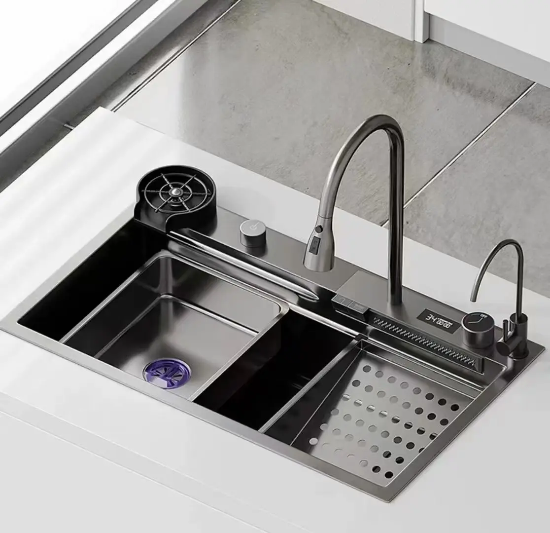 Многофункциональная кухонная раковина Feiyu, водопад, дизайн, черный нано-Золотой нано-белый цвет, полированный смеситель без пятен