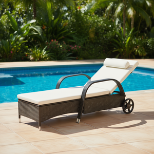 Outdoor Chaise Lounge Cream Rattan Pool Chair with Wheels Cushion Headrest Sun Lounger Adjustable <b>Backrest</b> - Product Image 2