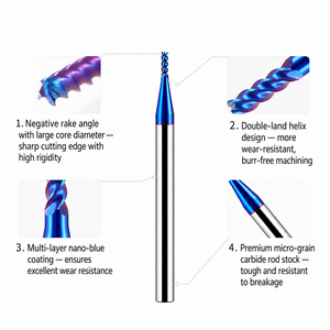 Fresa de extremo de vástago reducido HRC65 de 4 filos, sólida, de cabeza pequeña, para fresado de puntos decimales, con nanorecubrimiento azul - Product Image 5