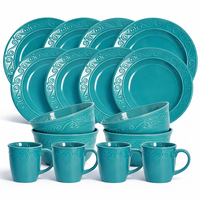 Service de table en grès bleu vert moderne de qualité supérieure, durable, compatible lave-vaisselle et four, écoresponsable, 16 pièces, pour la maison et la cuisine