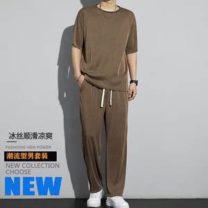 2026 NUOVO Completo Uomo KJ Primavera Estate 2 Pezzi Casual in Seta Ghiaccio Vestibilità Ampia T-shirt a Maniche Corte + Pantaloni Lunghi Tendenza Uomo - Product Image 4