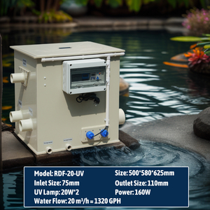 อุปกรณ์ฟอกน้ำแบบดรัมหมุนพร้อมแสงยูวีสำหรับ<span class=keywords><strong>บ่อ</strong></span><span class=keywords><strong>ปลา</strong></span>คาร์ฟ Cowater 110V อัตราการไหล 1320 แกลลอน/5 <span class=keywords><strong>ตัน</strong></span>/ชม. - Product Image 3