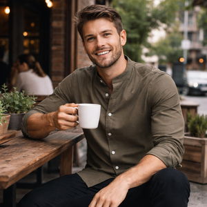 Camicia da <span class=keywords><strong>Uomo</strong></span> <span class=keywords><strong>in</strong></span> <span class=keywords><strong>Lino</strong></span> Verde Oliva Premium Traspirante con Colletto alla Coreana e Ricamo Personalizzato a Maniche Lunghe - <span class=keywords><strong>Abbigliamento</strong></span> Casual da <span class=keywords><strong>Uomo</strong></span> - Product Image 5