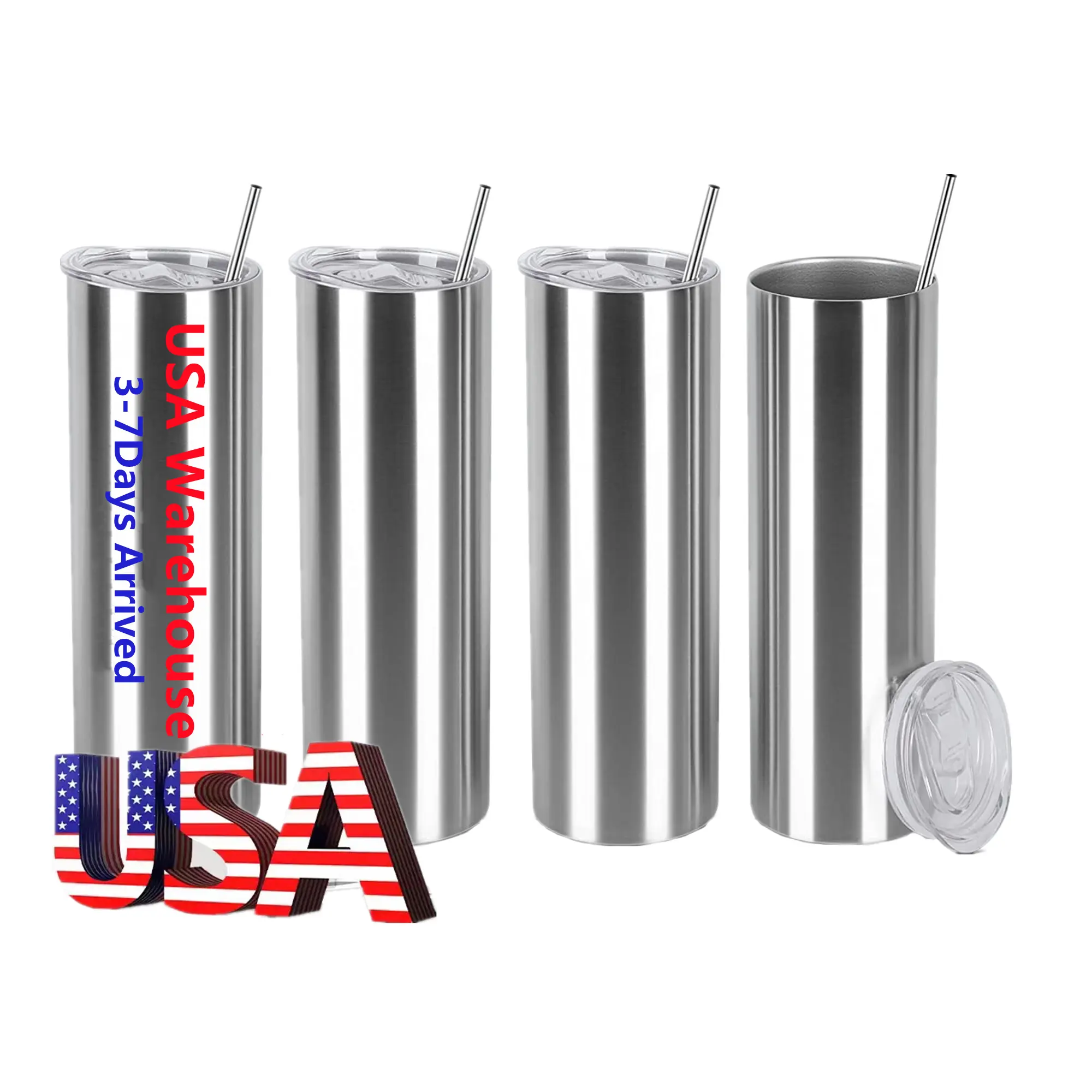 USA Warehouse Double Walled Vacuum Insulated Tumbler Cups 20 Oz Skinny Silver Straight Sublimation Tumbler