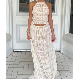 <b>Sexy</b> Backless Hanging Neck Strap Pleated Lace Lace Vest Women's Long Skirt <b>Set</b> Fashion - Product Image 1