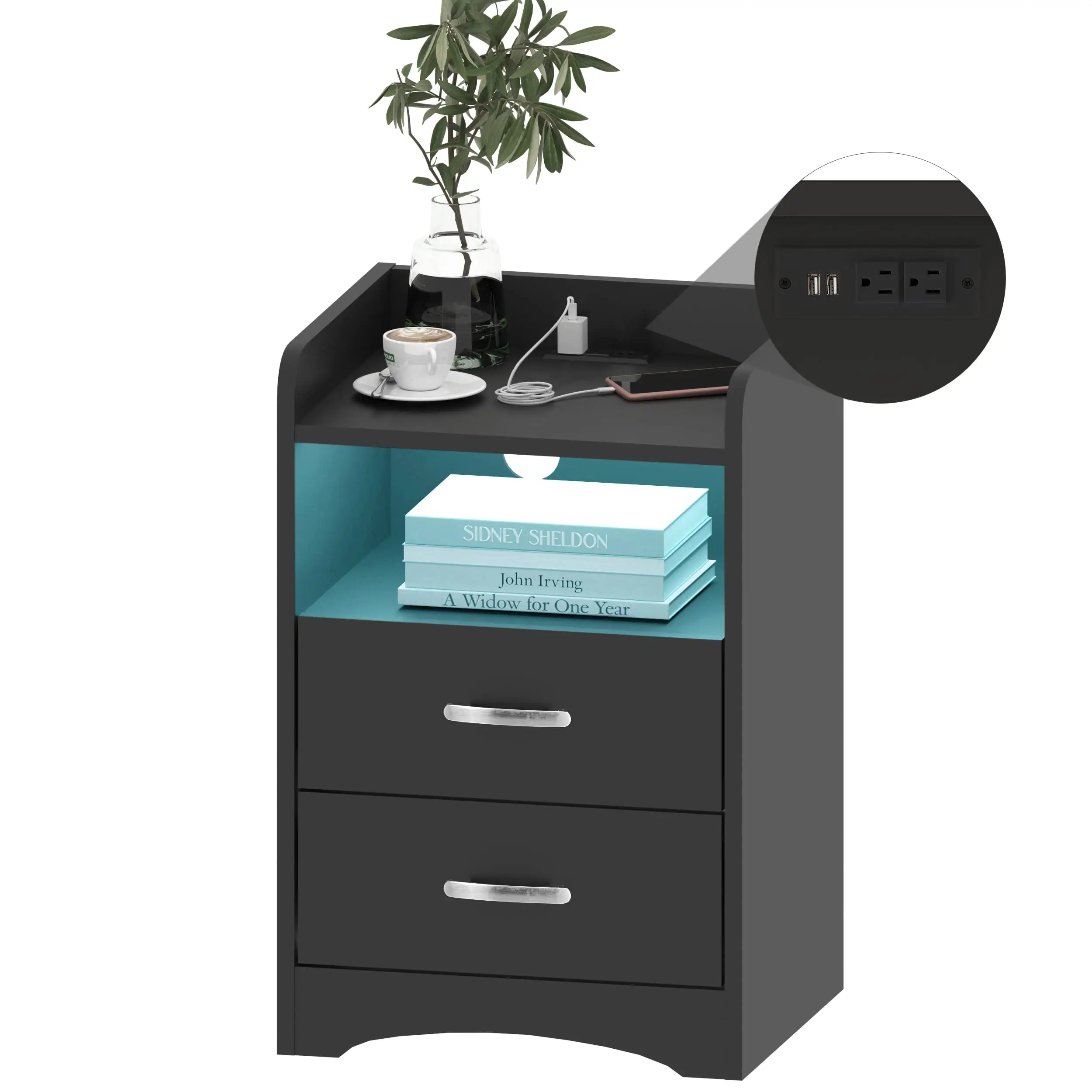 Nightstand with Charging Station and LED Lights, Modern Nightstands End Table with 2 Drawers with USB Ports Bedside Tables