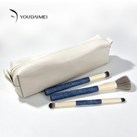 Ensemble de 3 pinceaux de maquillage professionnels OEM d'usine, poils doux, manche en cuir, pour le visage, avec sac de transport