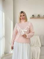 Pull tendance en dentelle à nœud papillon anti-rides rose automne pour rendez-vous romantique, fête d'anniversaire, pull à col roulé en tricot doux