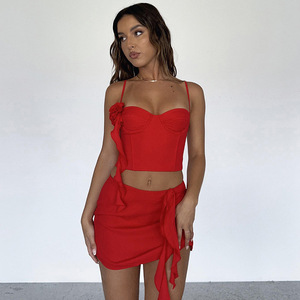 2023 printemps et été femmes deux pièces ensemble fronde hors cou gilet taille haute gaine jupe costume - Product Image 4