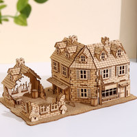 Vente en gros de puzzles 3D en bois, ruines de maison de village européen, modèle de construction de diorama à assembler soi-même