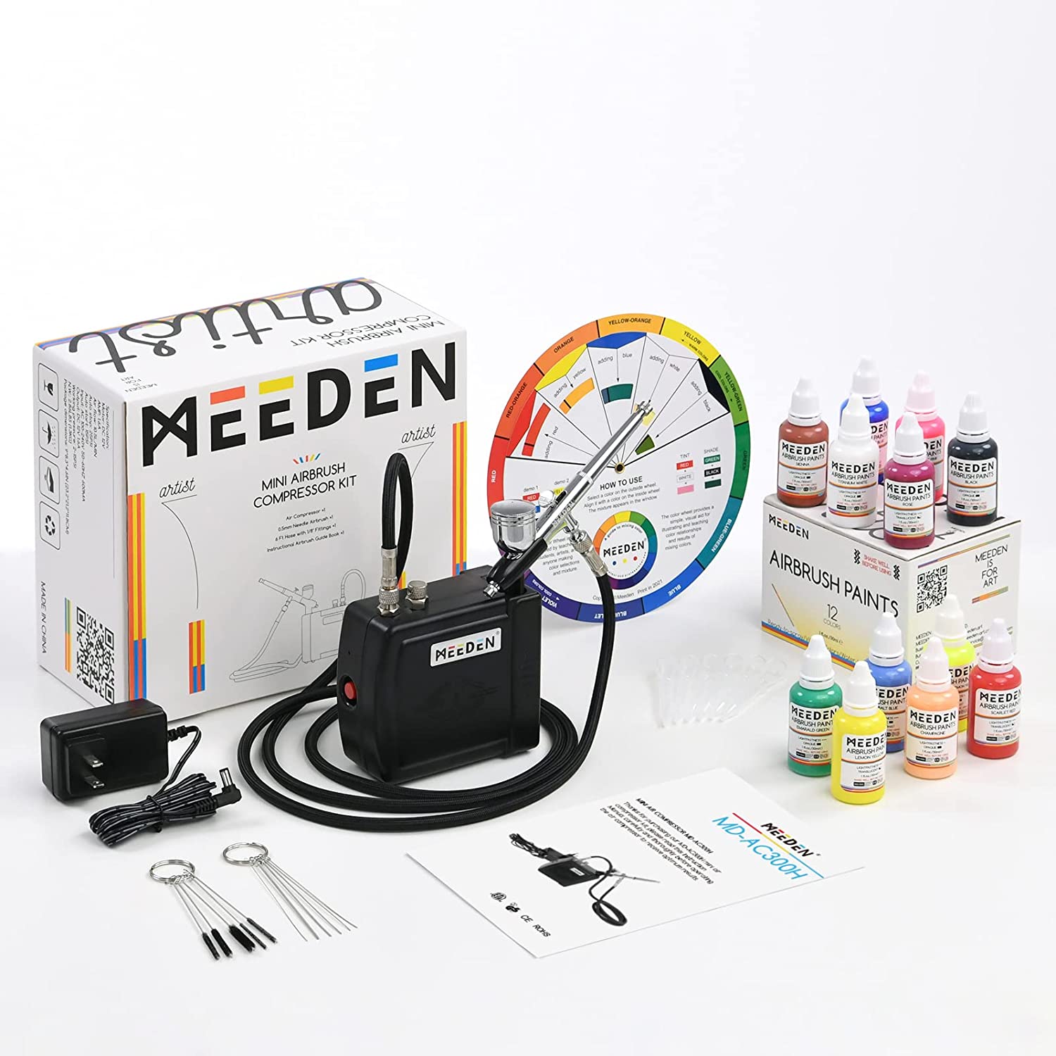 MEEDEN Airbrush-Kit mit Airbrush-Farbset, tragbares Luftkompressor-Set mit 12 Farben 30ml Airbrush-Farbe, zum Malen von Tätowierungen