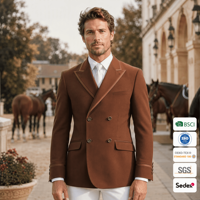Herren Reitjacke Braun, zweireihig, mit spitzem Revers, 4-Knopf-Verschluss, Satinbesatz, atmungsaktiv, dehnbar, maschinenwaschbar