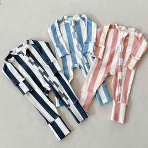 100% コットンストライプベビーロンパージッパー付き長袖ジャンプスーツ新生児男の子女の子用ソフト幼児寝間着 - Product Image 1