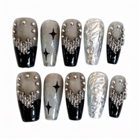 Uñas postizas artesanales de ataúd medianas, góticas, plateadas, metálicas, con dijes de cruz 3D, de lujo, de gel, proveedor mayorista