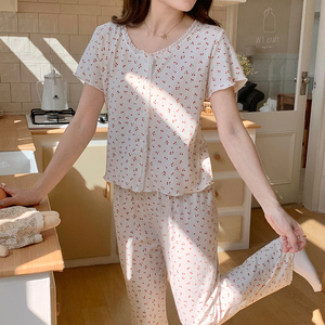 6535 여아용 면 파자마 - 여름 스윗 스타일, 반팔 가디건과 긴 바지, 투피스 파자마 세트 아웃웨어 - Product Image 4