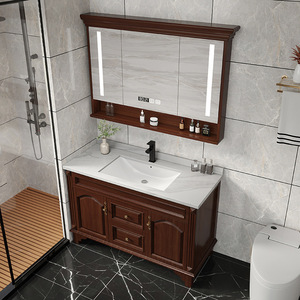 Modern Walnut Bathroom Vanity Cabinet with LED <b>Mirror</b> Waterproof & Moisture Proof Custom Size Available - Product Image 2