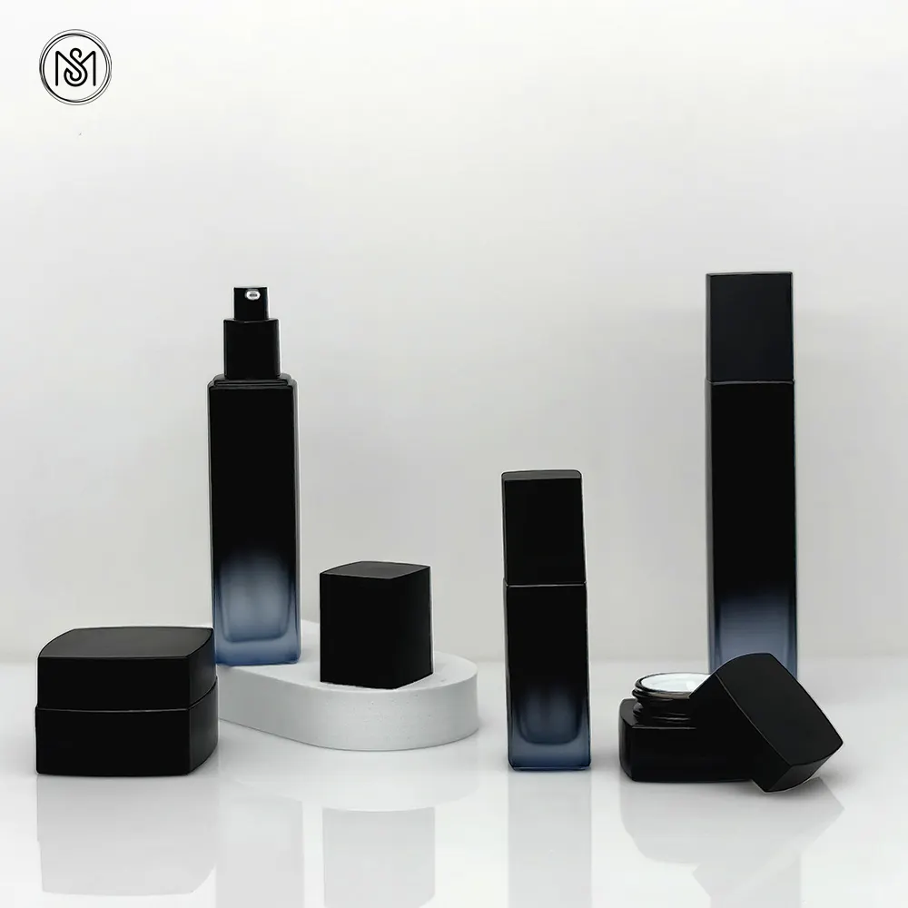 30g 50g 40ml 100ml 120ml High-End-Kosmetik verpackungs set Quadratische schwarze und blaue Farbverläufe Glas creme gläser und Toner lotion flasche